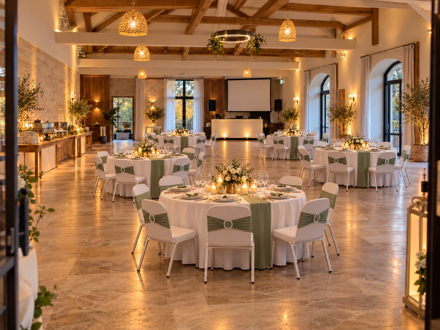 Projection d’une salle de réception aux tables rondes décorées en vert sauge, blanc et doré