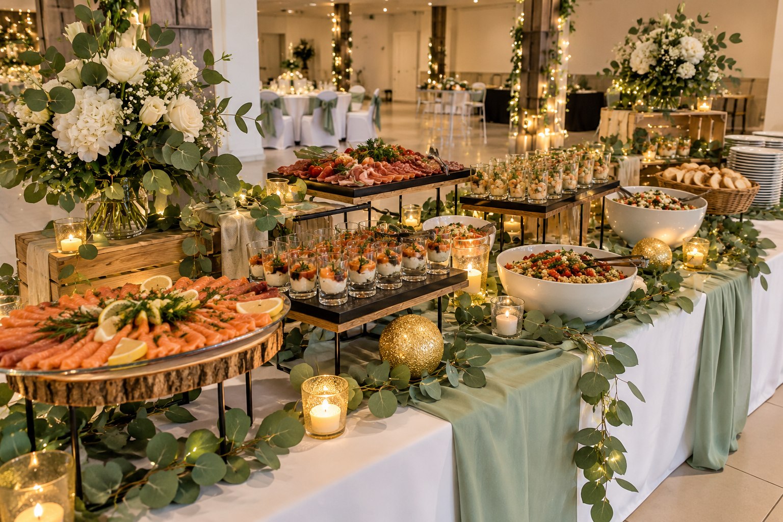 Projection du buffet de la réception de François, nappes blanches, chemins de table vert sauge et lumière dorée