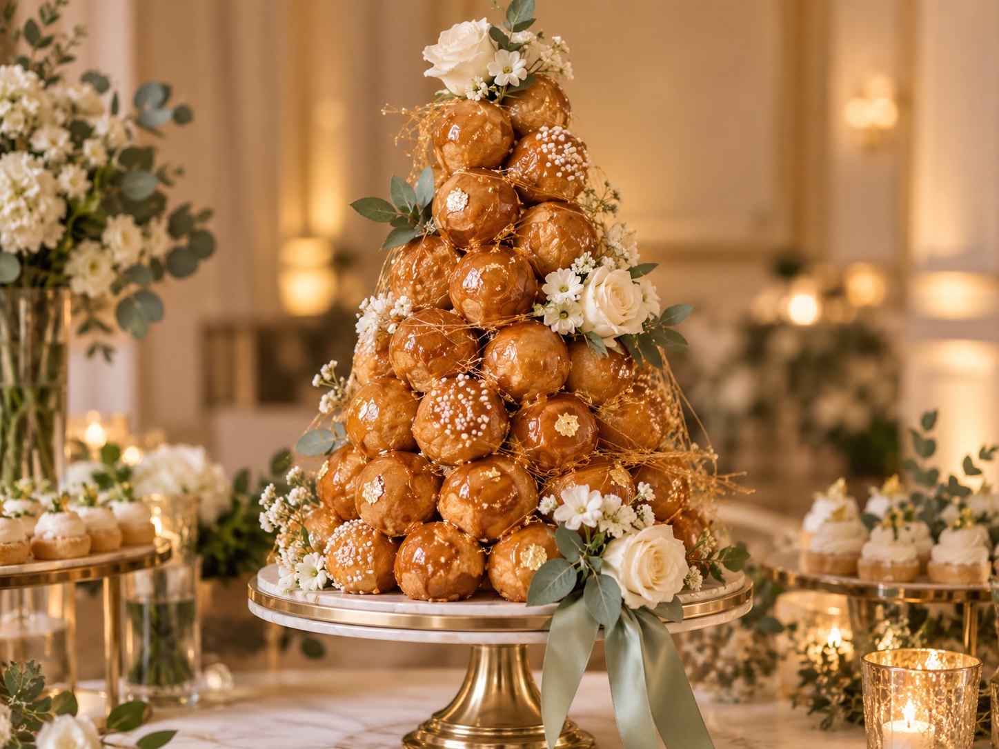 Projection d’une pièce montée de choux avec fleurs blanches et feuillage